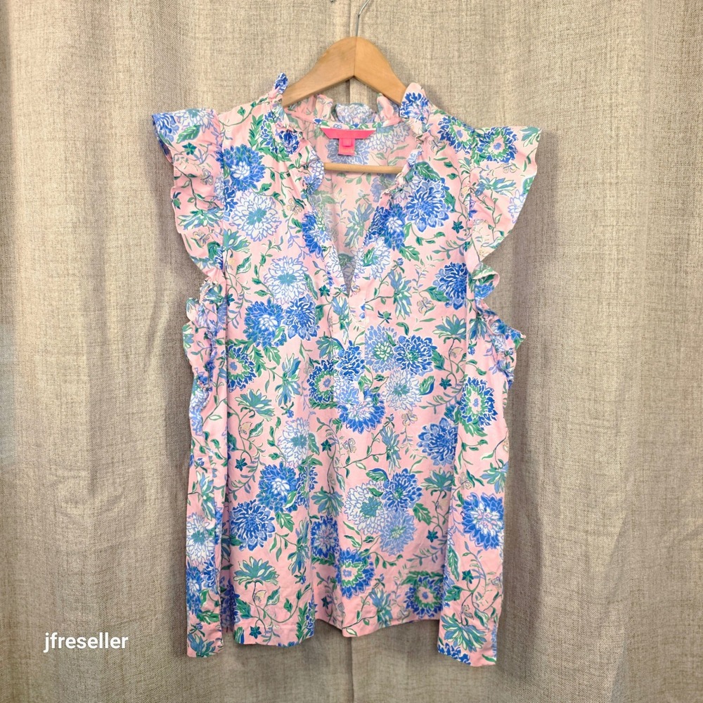 Lilly Pulitzer Klaudie Floral Sleeveless Blouse Women XL Pink Blue Ruffle V Neck